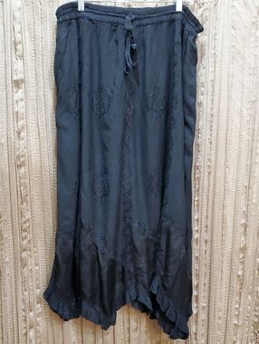 Braja Embroidered Satin Black Handkerchief Hem Maxi Skirt with Drawstring Waist